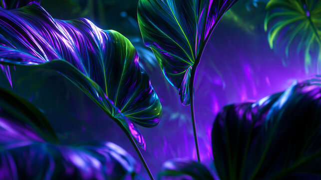 Tropical Neon Foliage Glowing in Purple Light