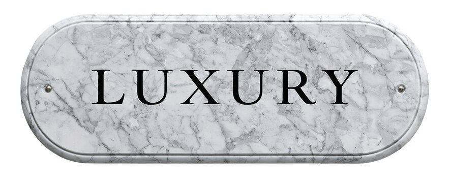 Luxury word sign on white marble plaque. Generative AI technology.