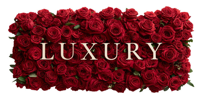 Luxury word sign on red rose flower bucket. Generative AI technology.