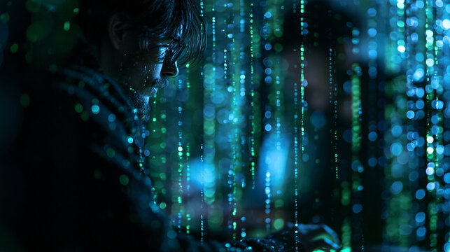 Cyber Hacker Programming Behind Digital Matrix Screen