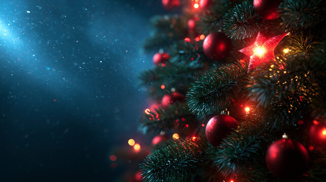 Decorated Christmas Tree with Glowing Lights and Copy Space