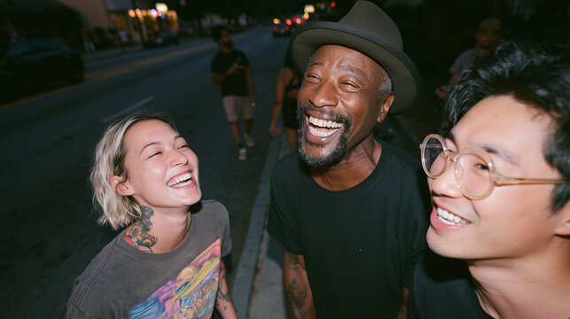 Diverse Friends Laughing Together Outdoors at Night