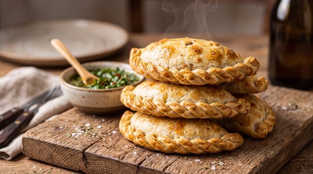 Stack of Freshly Baked Golden Empanadas on Wooden Board