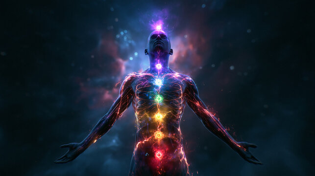 Human Body with Glowing Chakras and Spiritual Energy