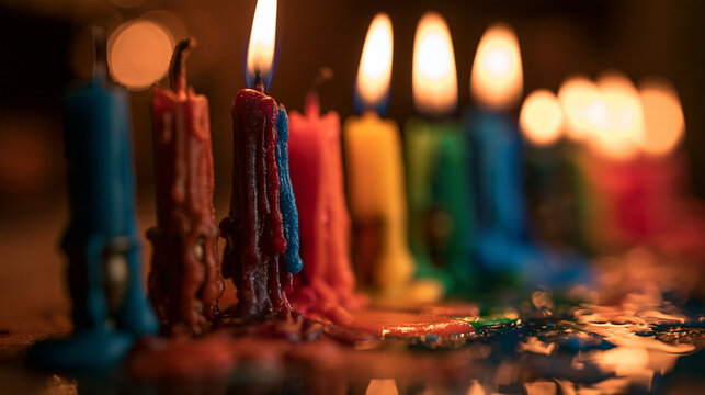 Row of Colorful Burning Candles with Melting Wax