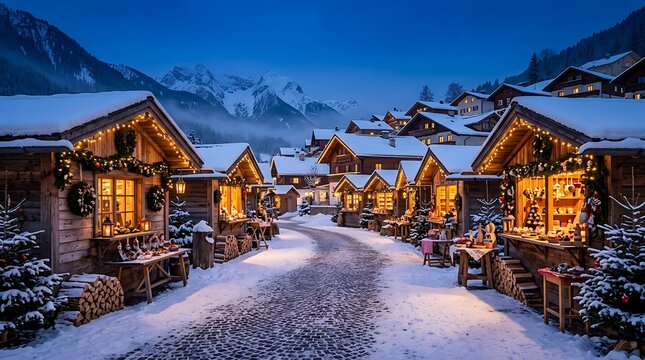Snowy alpine village christmas market with glowing wooden huts