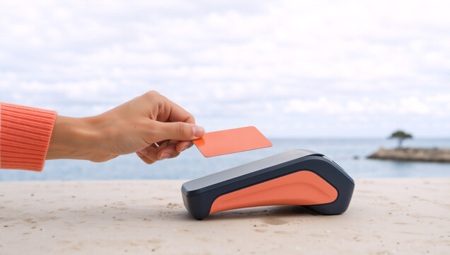 Close up of hand holding orange card over payment terminal. Contactless transaction with sea background. NFC technology concept