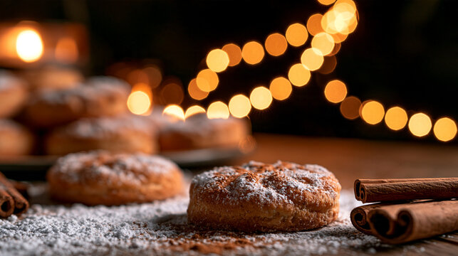 Cinnamon Cookies with Powdered Sugar on Holiday Table