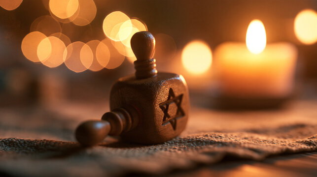 Wooden Dreidel with Candle and Warm Bokeh for Hanukkah