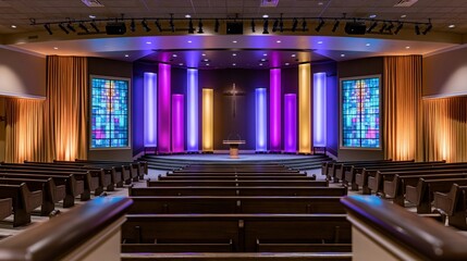Obraz premium The illuminated church stage with colorful pillars, stained glass panels, and pews