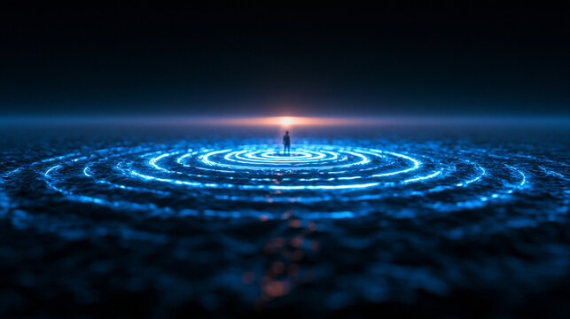 Luminous Concentric Ripples Expanding Around Distant Silhouette Figure