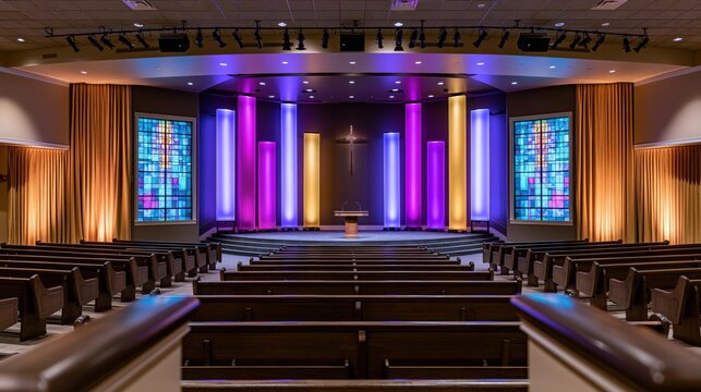 The illuminated church stage with colorful pillars, stained glass panels, and pews