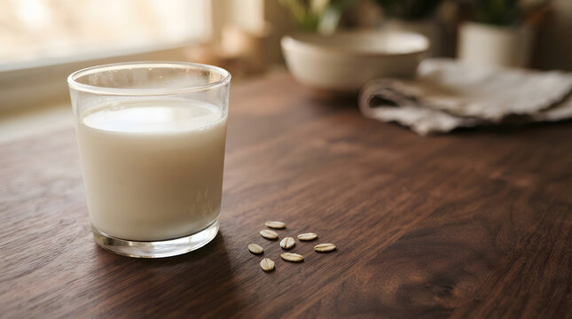 Glass of milk with seeds on rustic wooden kitchen table