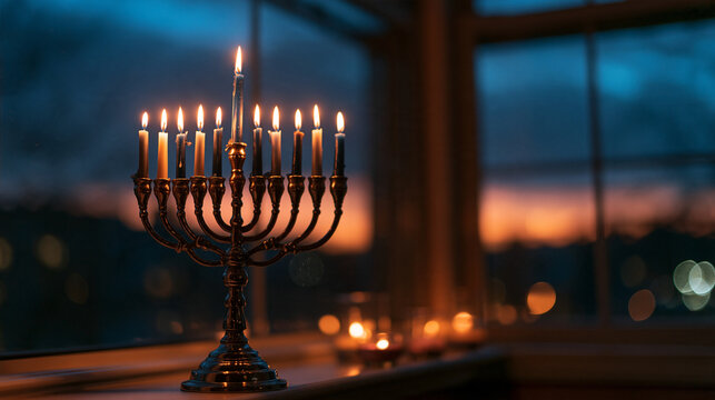 Lit Hanukkah Menorah on Window Sill at Sunset