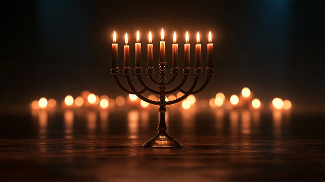 Lit Hanukkah Menorah with Candles on Wooden Table