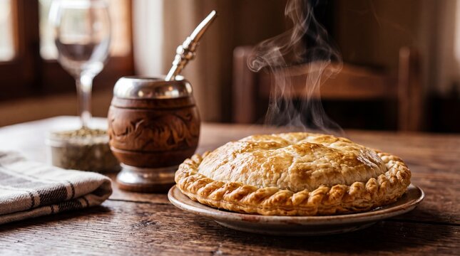 Fresh Baked Savory Pie and Yerba Mate on Table