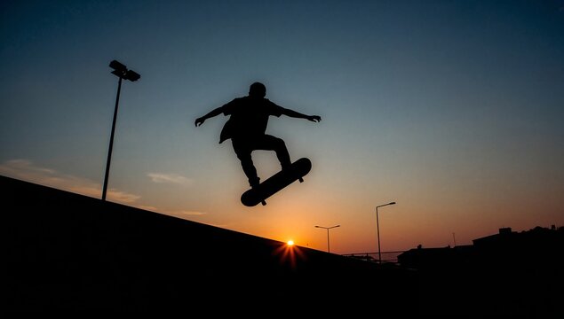 Skateboarder performs a trick in silhouette against a dramatic sunset sky at dusk outdoors