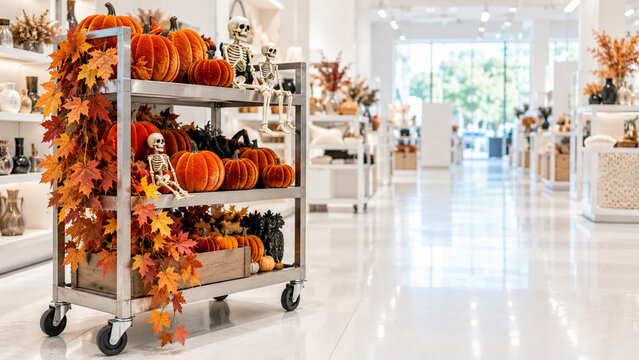 Halloween restocking cart with pumpkins and skeleton decorations