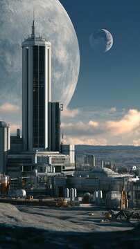 Futuristic skyscraper colony on lunar surface under giant planet in sky, outer space habitat concept.
