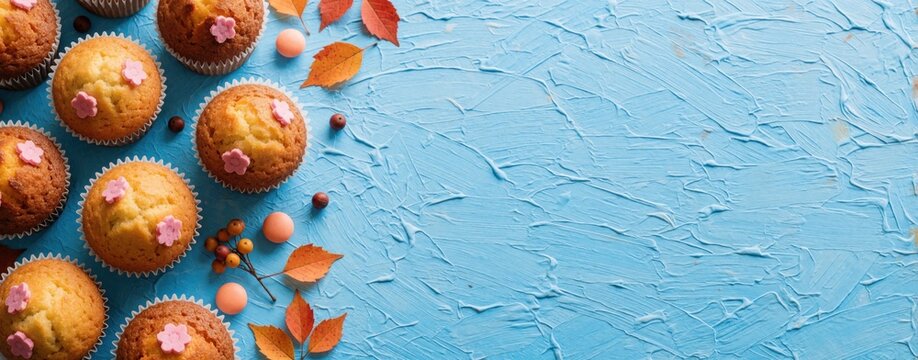 Homemade muffins with pink flower decor on blue textured background. Autumn leaves, berries decorate sweet pastry snacks. Fresh bakery treats arranged with copy space for text. Delicious seasonal
