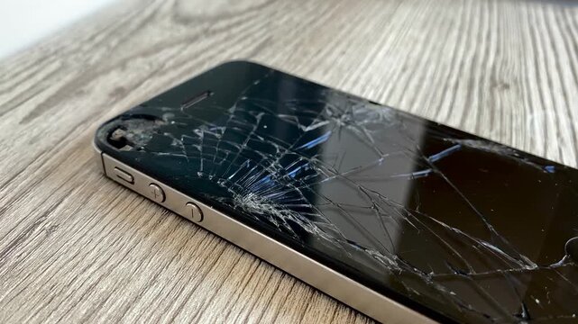 View of the broken phone screen. Cracked glass. A broken smartphone. Wooden background. Close up. 4k	