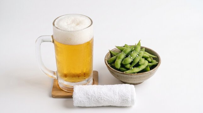 冷えたジョッキ生ビールと塩茹で枝豆とおしぼりの居酒屋晩酌セット  白バック