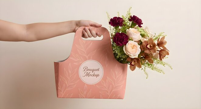 Female hand holding elegant pink paper bouquet carrier bag featuring floral pattern and fresh colorful flowers for branding mockup design