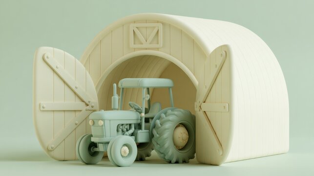 A small tractor sits under a barn-shaped shield designed for farm insurance. The soft clay render features muted colors, creating a simple look.