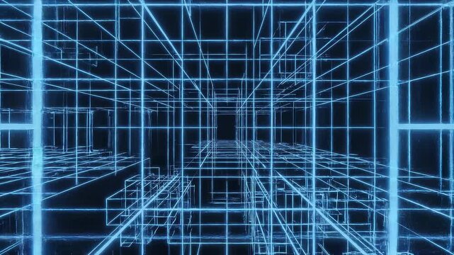 Abstract blue neon grid cyberspace tunnel with subtle camera movement during futuristic digital exploration