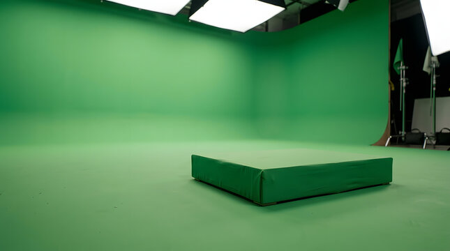 Empty green screen studio with professional lighting setup