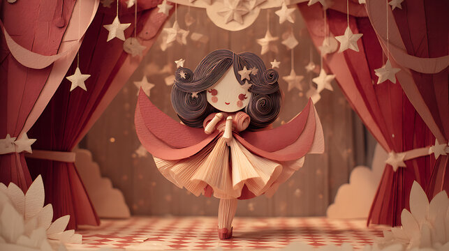 Cute papercraft ballerina girl doll on stage with curtains and stars in a whimsical fantasy world