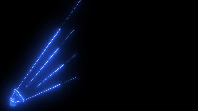 Glowing neon spotlight animation with radiating laser beams representing vision, search, insight, and futuristic light scanning on black.