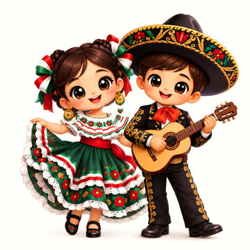 Adorable cartoon children dressed in traditional mexican mariachi and folklorico costumes performing music with a wooden guitar against a bright clean isolated white studio background