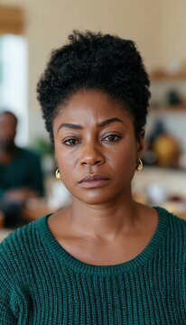Woman standing alone with subdued expression in home interior
