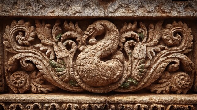 Detailed stone carving depicts a swan motif gracefully resting among intricate foliage and decorative flourishes, ancient style