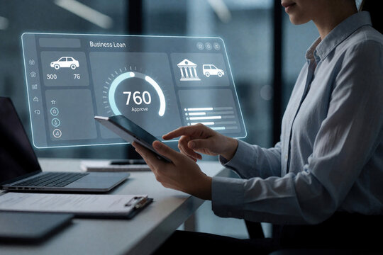 Business woman uses digital tablet to check loan application status. Glowing interface shows credit score 760, approve message. Financial tech dashboard displays car loan data, banking info in modern