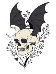 Fototapeta premium Human skull with bat wings