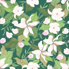 White magnolia flower seamless pattern on dark green background, blooming botanical floral repeat print for elegant fabric and wallpaper © oanh