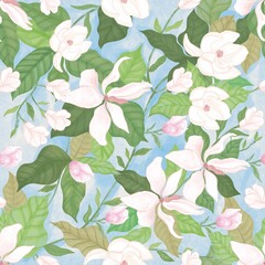 Blooming white magnolia flowers seamless pattern on soft blue background, fresh botanical repeat pattern for summer apparel and home decor © oanh