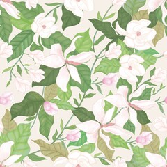 Elegant blooming magnolia seamless pattern on cream background, hand drawn white floral surface design for fashion textile and stationery © oanh
