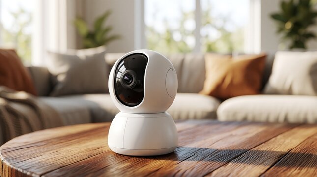 Modern white smart security camera sits on wooden table in bright living room. Digital surveillance device provides home protection, monitoring in cozy residential interior. Wireless tech equipment