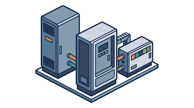 Clean Isometric of Three Connected Server Racks with Cables in Blue Gray and Orange with high quality professional line art symbols for modern creative design and digital branding projects