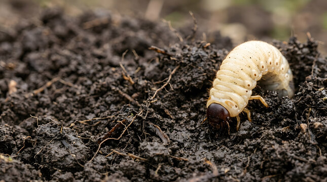 Close-up of a White Grub in Rich Soil Environment