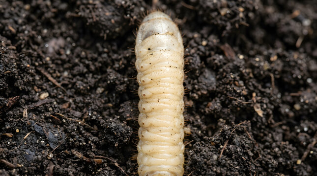 Close-up of a white grub on dark soil background