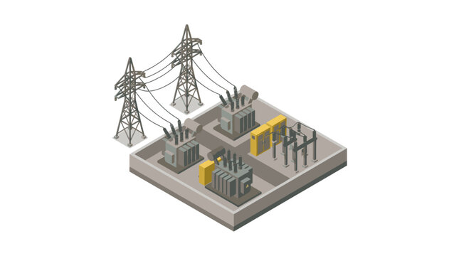 Creative Isometric of Electrical Substation with Power Lines Transformers and Control Buildings