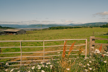 Fototapeta premium Rural pasture with metal fencing and farm building among rolling hills in Ireland or the UK - 4 September 2026.