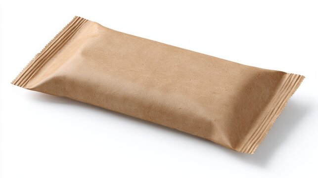 Empty brown paper food pouch resting slightly angled against a clean white background, representing packaging concept for snacks
