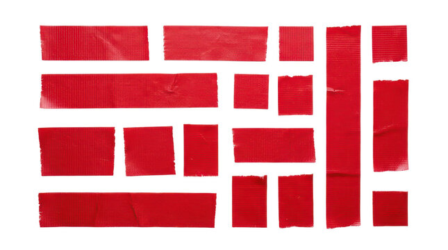 Red duct tape strip collection, adhesive repair patch element, isolated on transparent background