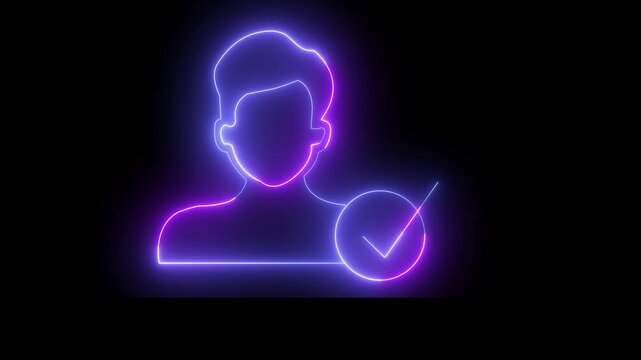 Neon glowing profile user icon with verified checkmark symbol bright