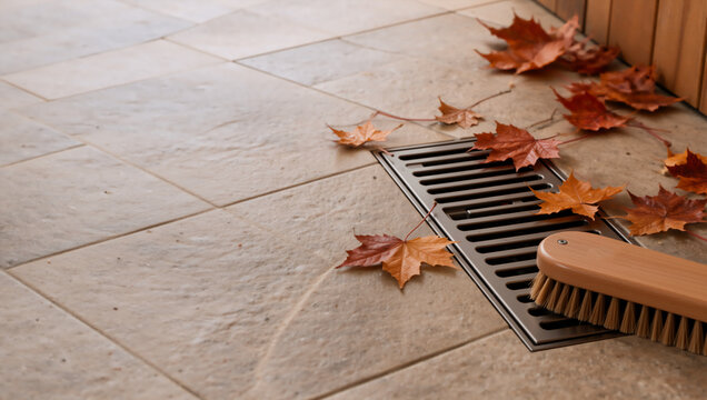 Autumn leaves scattered around a metal floor drain on a tiled patio. Wooden scrubbing brush next to the grate for fall cleaning and maintenance